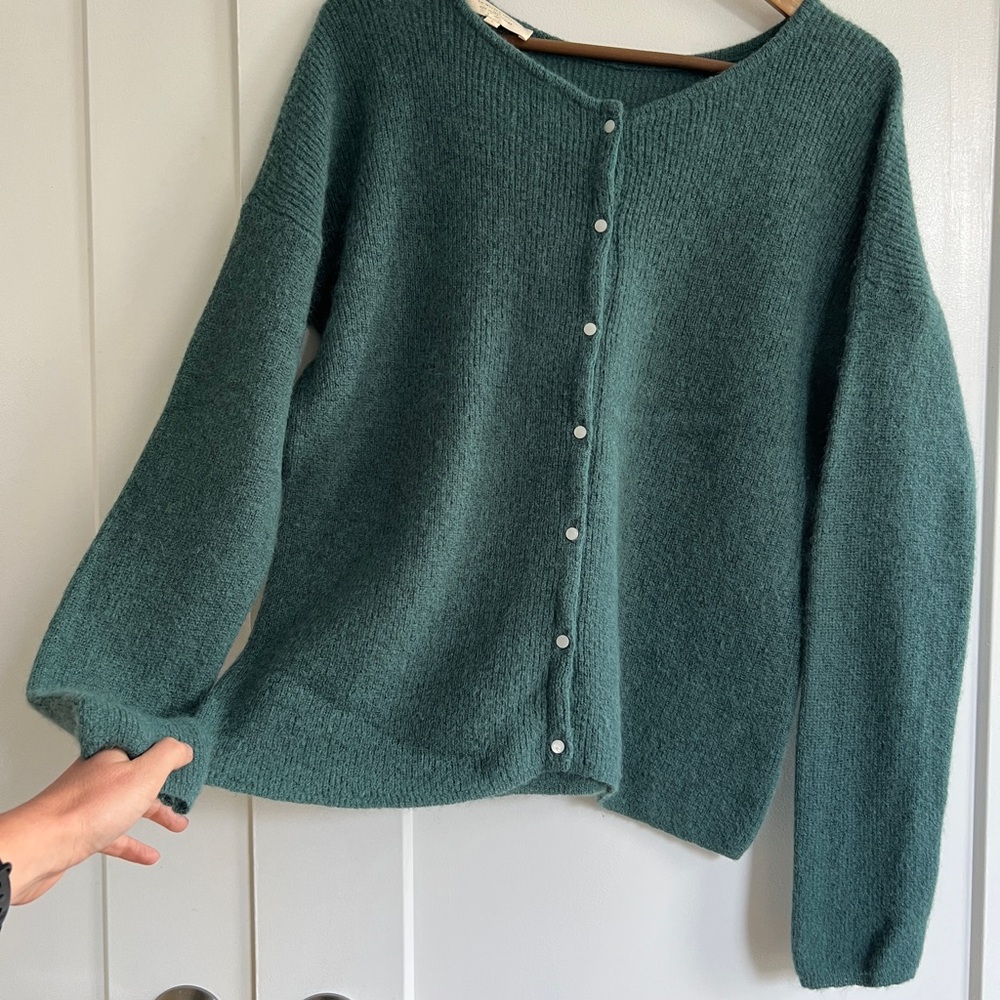 Sezane Teal Green Button-Front Wool Cardigan